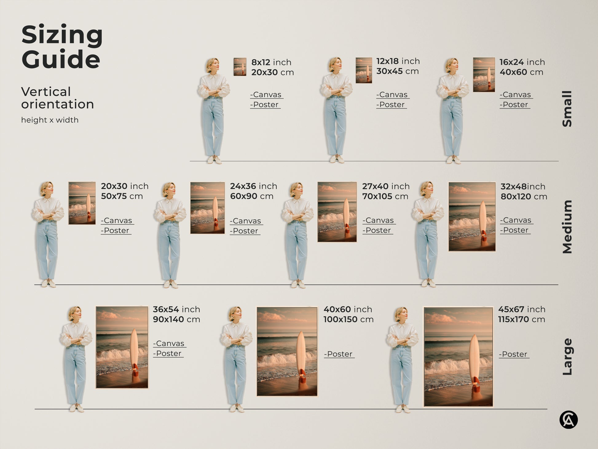 Sizing guide for vertical surfboard beach artwork. Available in various sizes from small to large. Options include canvas and poster prints. Find the perfect size to complement your home decor. Transform your space today.