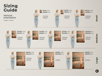Sizing guide for vertical surfboard beach artwork. Available in various sizes from small to large. Options include canvas and poster prints. Find the perfect size to complement your home decor. Transform your space today.