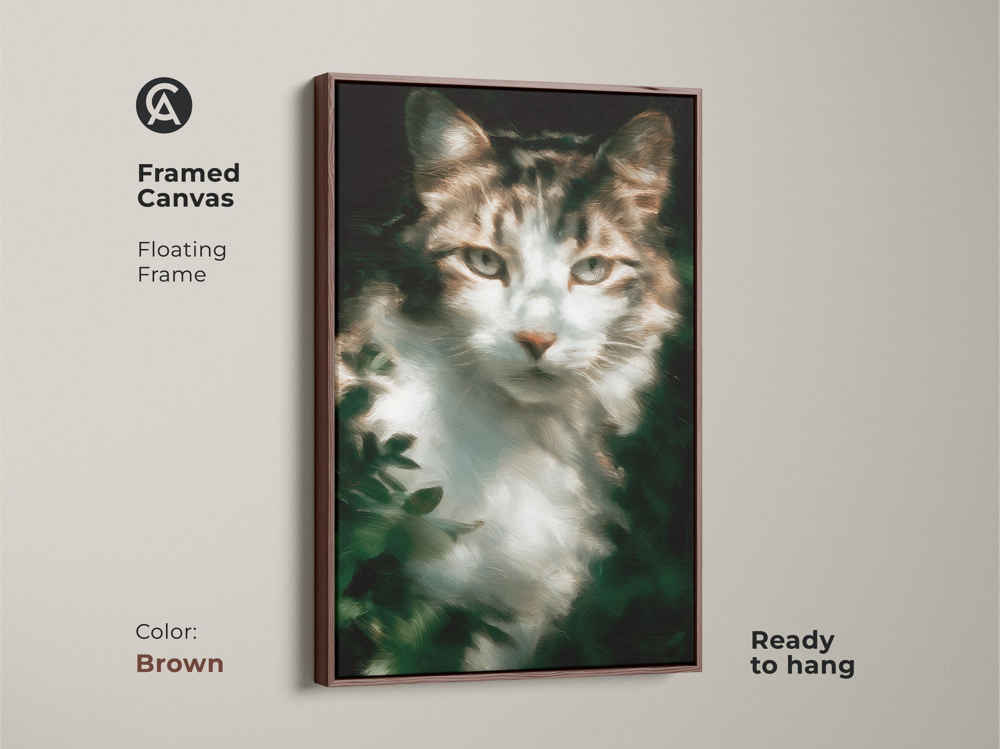 Framed canvas print showcasing a tabby cat artwork with a floating brown frame. Ready to hang. This feline art brings warmth to any space. Ideal for cat lovers seeking unique and charming home decor.