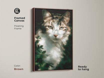 Framed canvas print showcasing a tabby cat artwork with a floating brown frame. Ready to hang. This feline art brings warmth to any space. Ideal for cat lovers seeking unique and charming home decor.