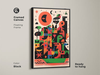 Framed canvas featuring vibrant abstract geometric bird artwork. This mid-century modern folk art print in a black floating frame adds an eclectic touch to your walls. Ready to hang this red orange and green artwork brings a unique artistic flair to any living room entryway or office. Perfect housewarming gift.