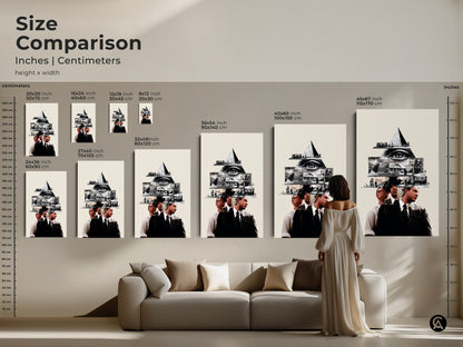 Compare sizes of the Monochrome Eye Pyramid Collage. Ranging from small to extra-large sizes. Perfect for enhancing any room decor or office space. The art will fit the aesthetic of any home. Sizes range from 20x30 cm to 45x67 inches.