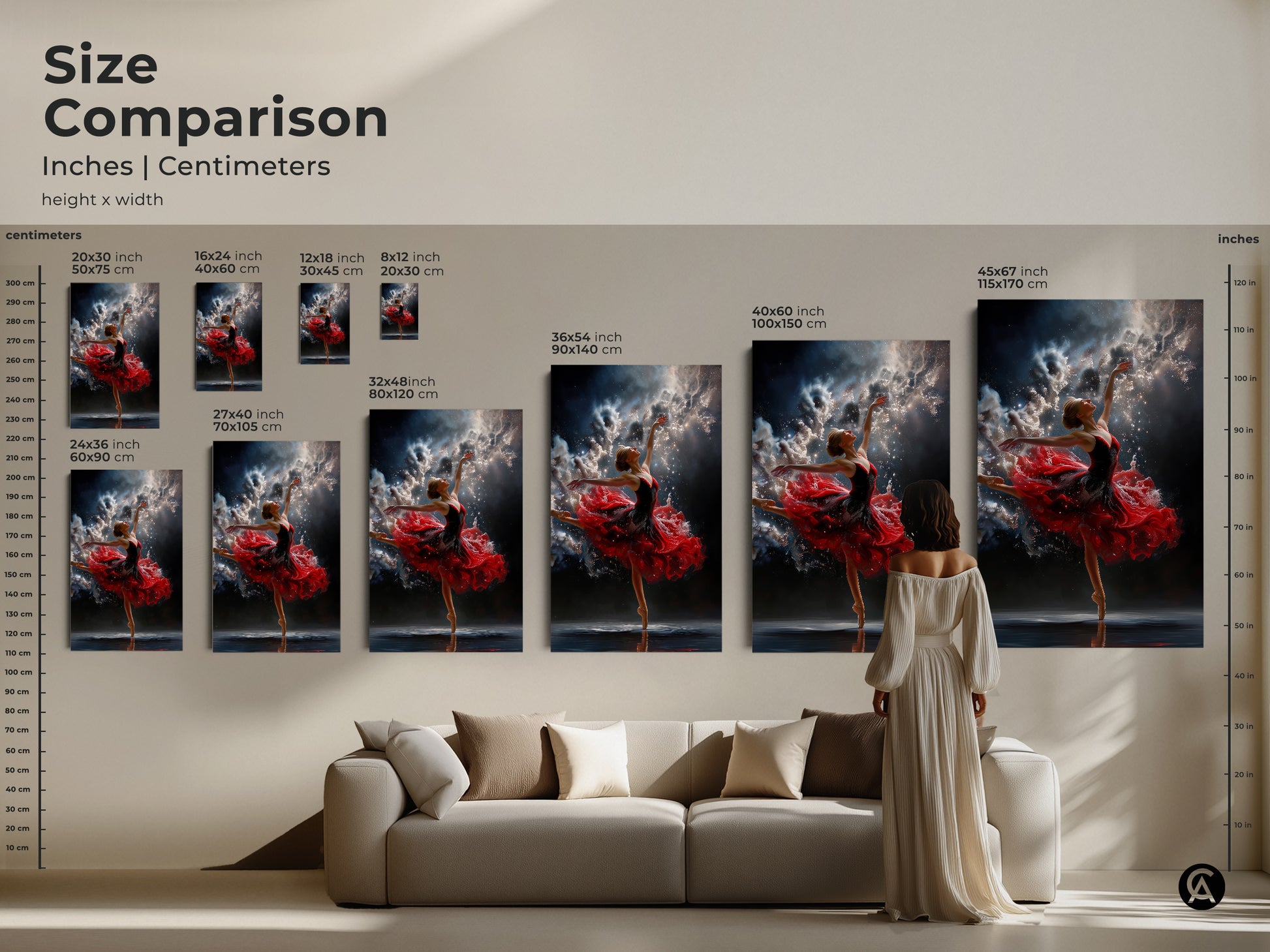 Size comparison of ballerina artwork. See how different sizes fit above a sofa. Available in various dimensions in inches and centimeters. Find the ideal canvas or poster to enhance your living space.