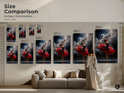 Size comparison of ballerina artwork. See how different sizes fit above a sofa. Available in various dimensions in inches and centimeters. Find the ideal canvas or poster to enhance your living space.