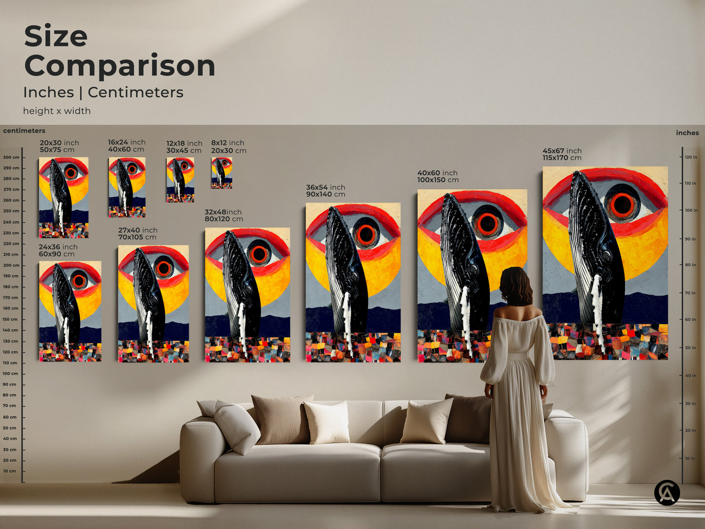 Size comparison for this unique whale eye artwork. Visualize canvas and poster options in inches and centimeters. See how sizes from small to large fit in your space. Perfect for eclectic office or living room decor. Elevate your walls with surreal abstract art in yellow red and gray tones.