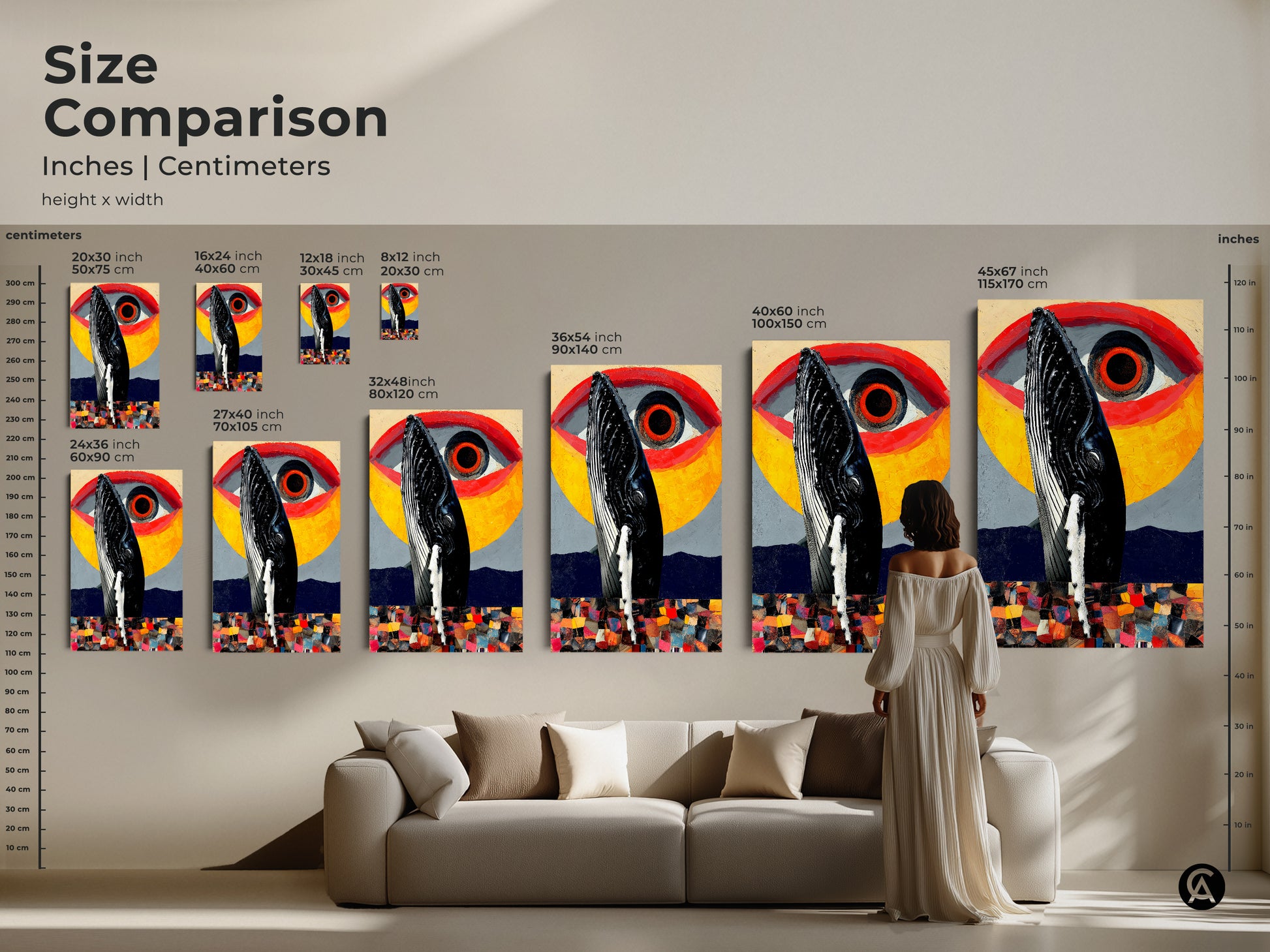 Size comparison for this unique whale eye artwork. Visualize canvas and poster options in inches and centimeters. See how sizes from small to large fit in your space. Perfect for eclectic office or living room decor. Elevate your walls with surreal abstract art in yellow red and gray tones.