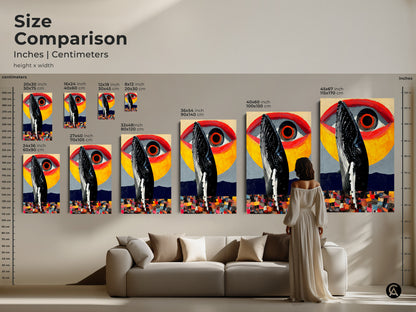 Size comparison for this unique whale eye artwork. Visualize canvas and poster options in inches and centimeters. See how sizes from small to large fit in your space. Perfect for eclectic office or living room decor. Elevate your walls with surreal abstract art in yellow red and gray tones.