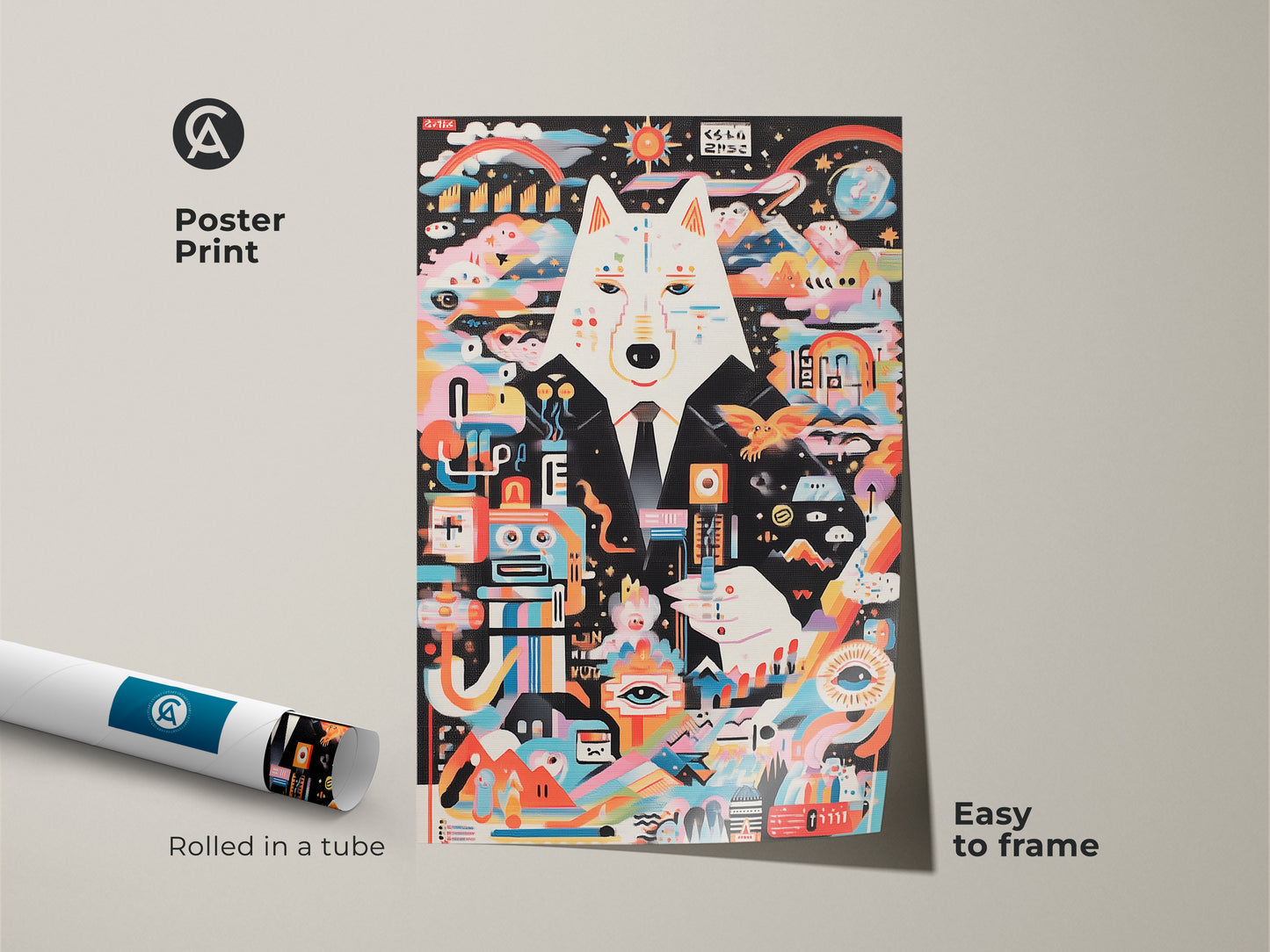 This poster print showcases a surreal multicolor wolf and robot artwork. The abstract animal illustration is easy to frame. The unique animal artwork adds a modern eclectic touch. Perfect for those seeking unusual wall art and vibrant decor. It arrives rolled in a tube.