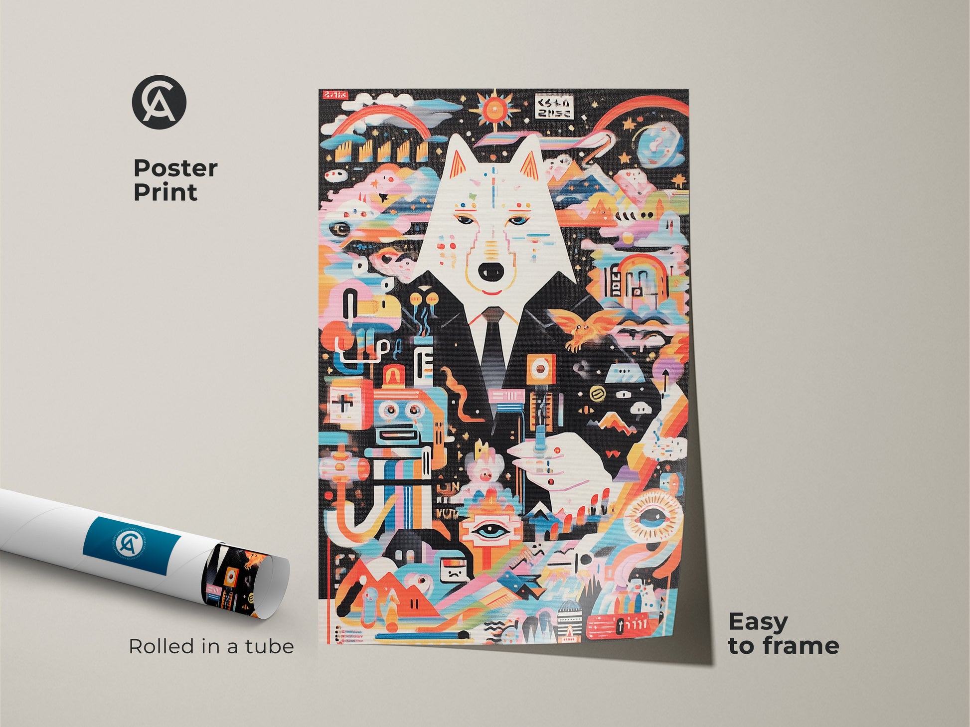 This poster print showcases a surreal multicolor wolf and robot artwork. The abstract animal illustration is easy to frame. The unique animal artwork adds a modern eclectic touch. Perfect for those seeking unusual wall art and vibrant decor. It arrives rolled in a tube.
