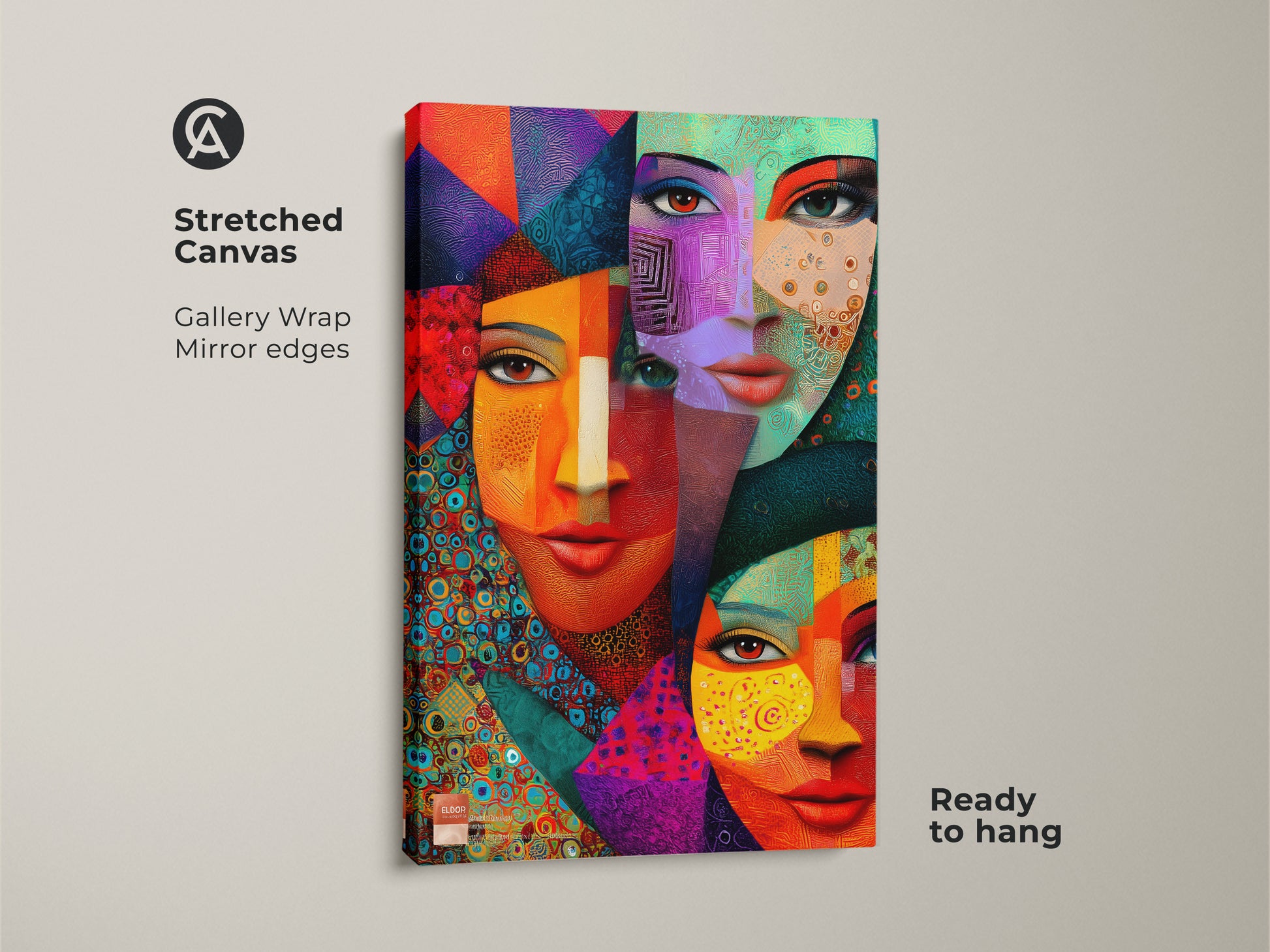 Stretched canvas featuring geometric abstract faces art. This gallery-wrapped cubist portrait has mirror edges. The teal orange and red artwork adds an eclectic touch to any room. Ready to hang for easy wall decor in modern homes.
