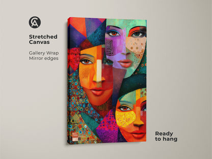 Stretched canvas featuring geometric abstract faces art. This gallery-wrapped cubist portrait has mirror edges. The teal orange and red artwork adds an eclectic touch to any room. Ready to hang for easy wall decor in modern homes.