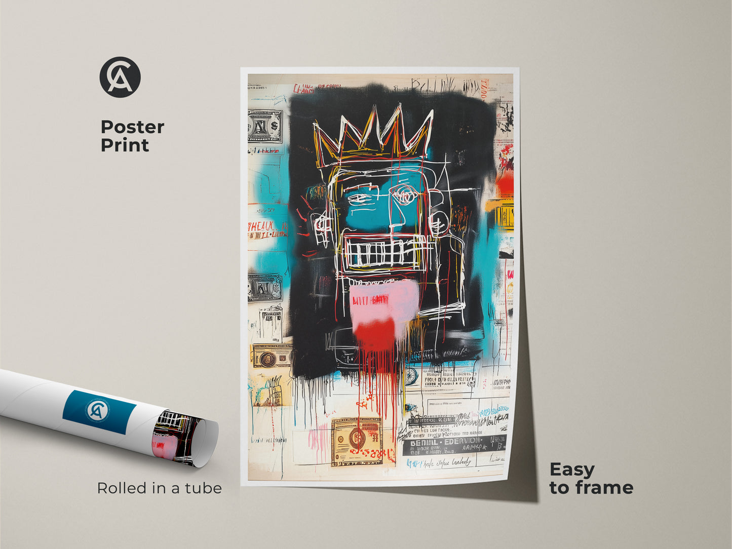 This is a poster print of a Basquiat-style painting. The artwork features a crowned figure and graffiti art. The poster is rolled in a tube for easy framing. Add this unique artwork to your collection today