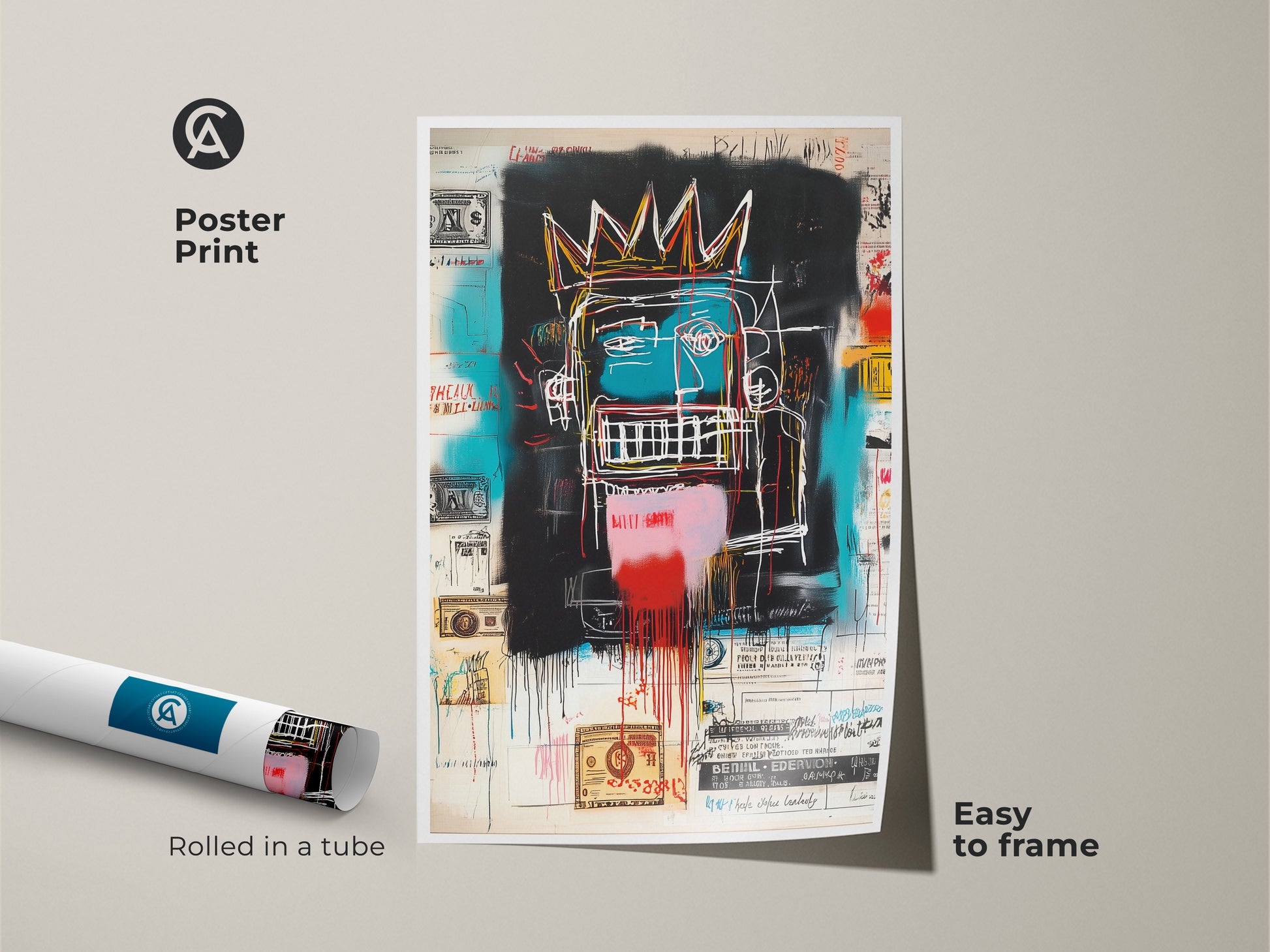 This is a poster print of a Basquiat-style painting. The artwork features a crowned figure and graffiti art. The poster is rolled in a tube for easy framing. Add this unique artwork to your collection today