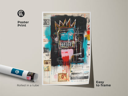 This is a poster print of a Basquiat-style painting. The artwork features a crowned figure and graffiti art. The poster is rolled in a tube for easy framing. Add this unique artwork to your collection today