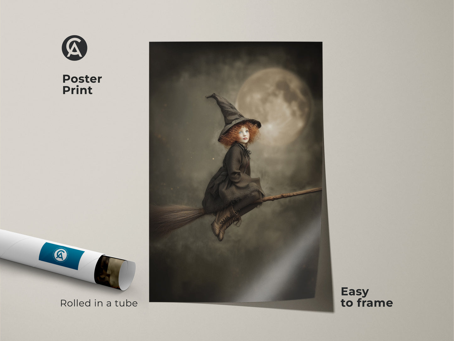 This poster print features a little witch on a broomstick. This gothic fantasy artwork is easy to frame. It's rolled in a tube for protection. The dark academia aesthetic makes it a unique gift. The moonlit witch art is perfect for Halloween decor.