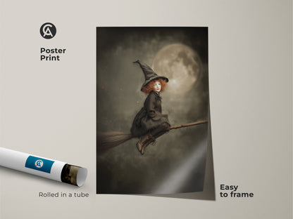 This poster print features a little witch on a broomstick. This gothic fantasy artwork is easy to frame. It's rolled in a tube for protection. The dark academia aesthetic makes it a unique gift. The moonlit witch art is perfect for Halloween decor.