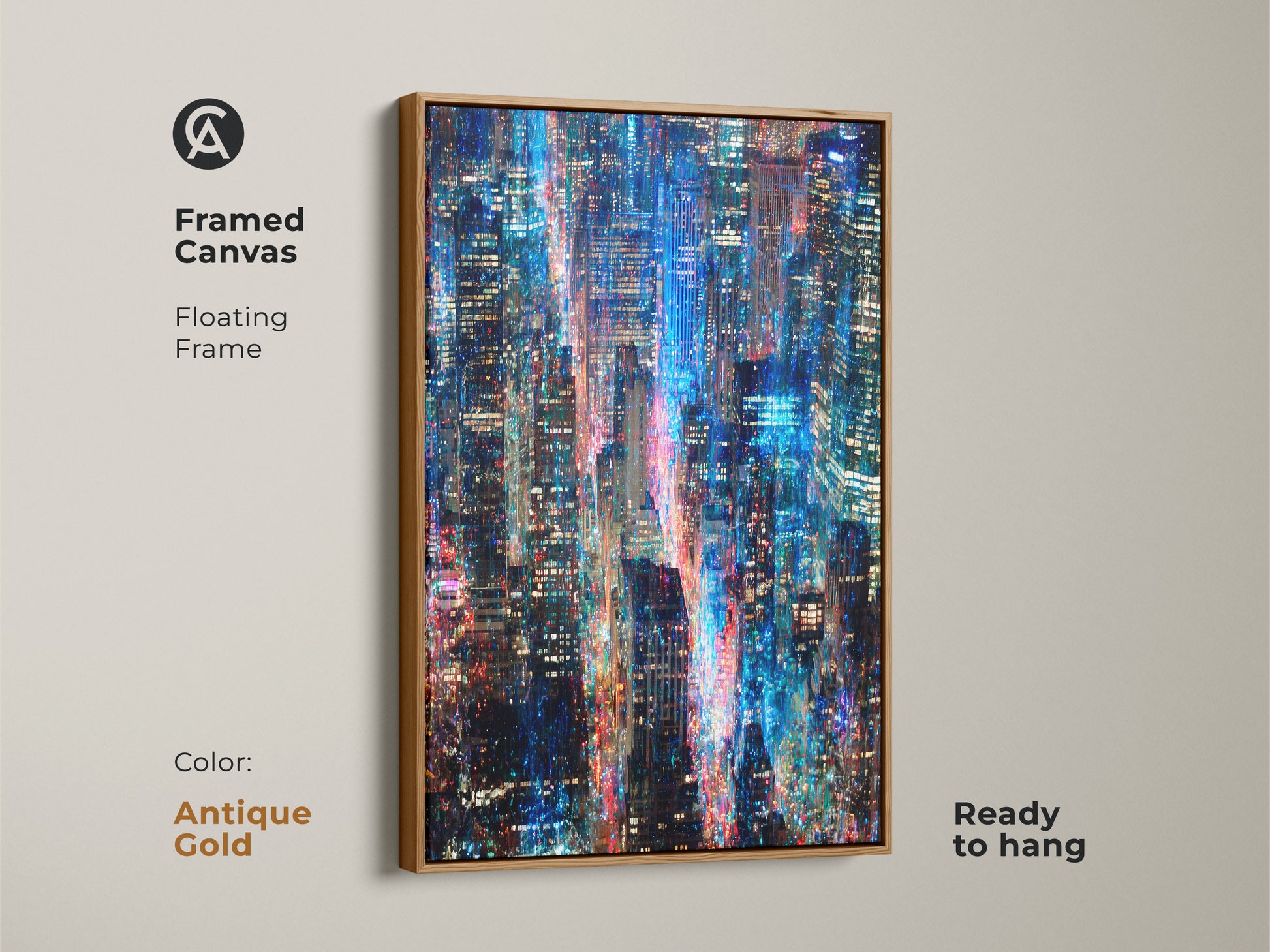 Elevate your interior with this framed canvas art. This artwork features a captivating cityscape at night. The floating frame adds a touch of luxury. The blue and red lights create a mesmerizing visual. The frame color is antique gold and ready to hang.