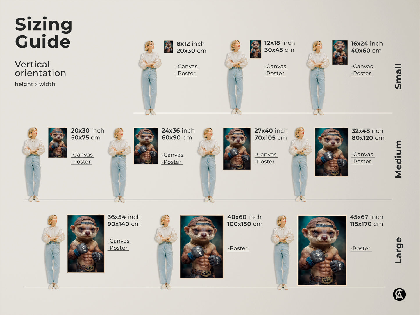This image shows a sizing guide. You can see the different heights and widths that are available for your canvas and poster prints. There is a size that is perfect for everyone. This art will look great on any wall