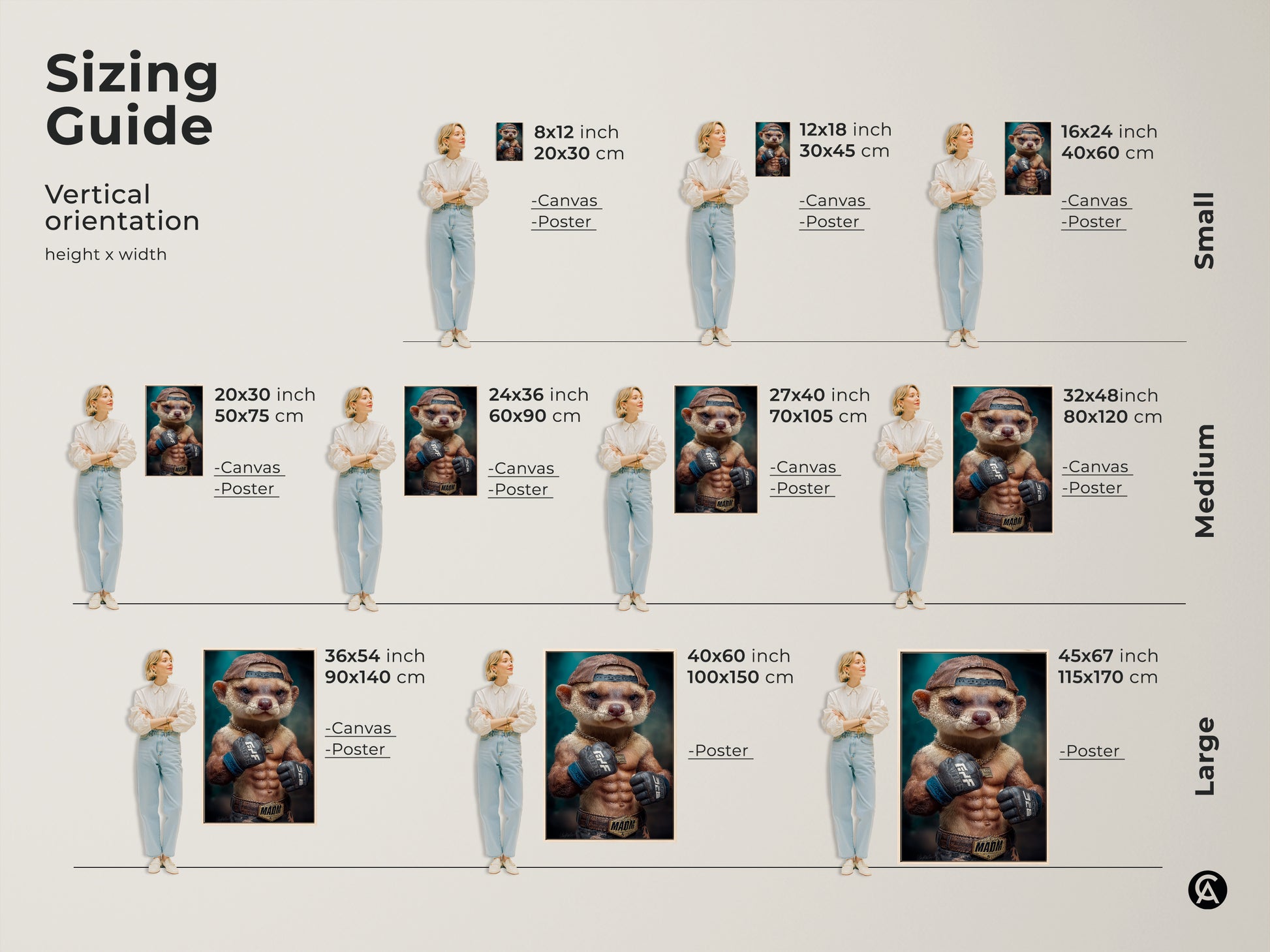 This image shows a sizing guide. You can see the different heights and widths that are available for your canvas and poster prints. There is a size that is perfect for everyone. This art will look great on any wall