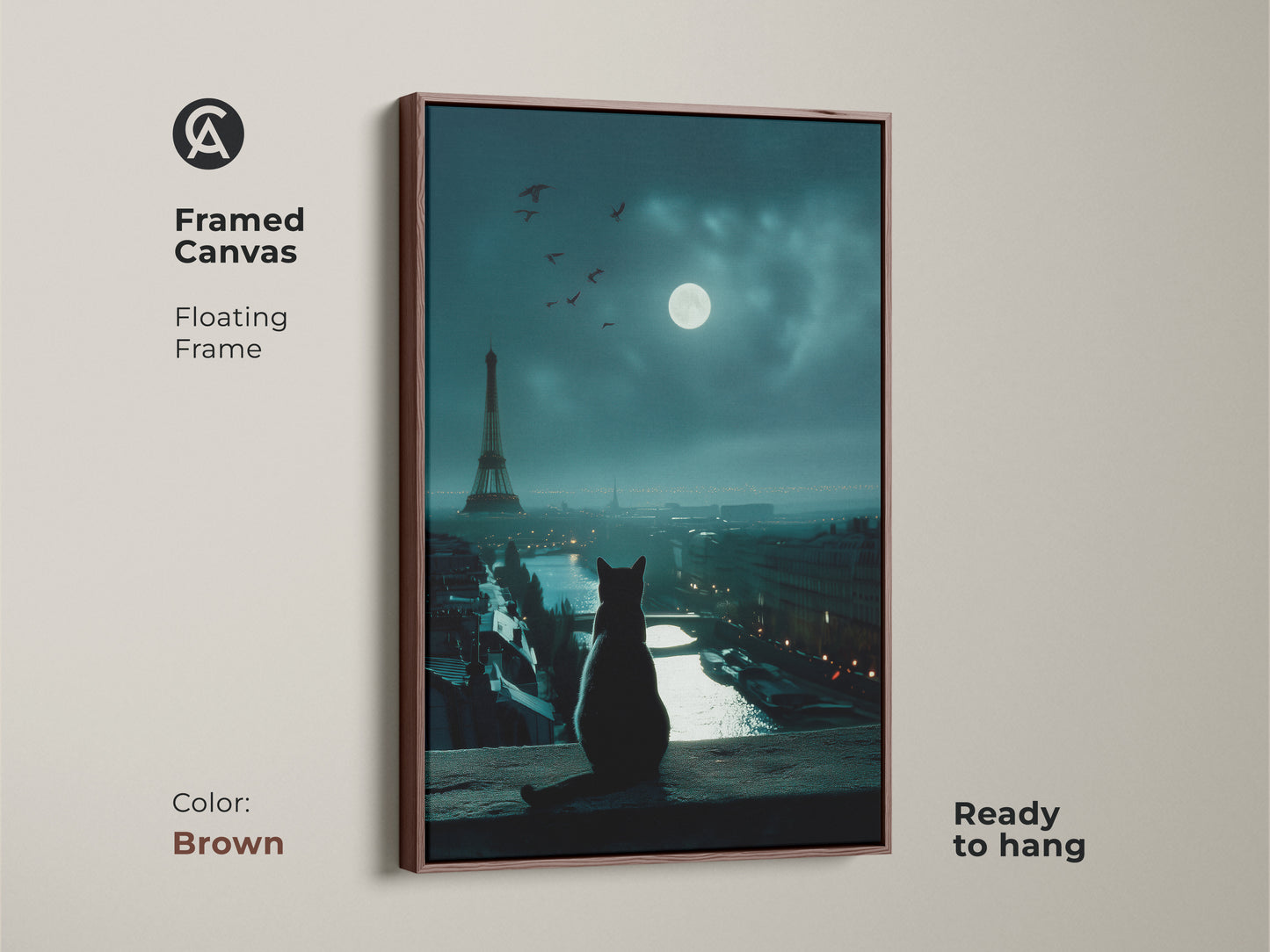 Brown framed canvas featuring cat art. A cat gazes at the Eiffel Tower in Paris under a full moon. Ready to hang this unique artwork brings Parisian charm to your decor. Perfect for cat enthusiasts.