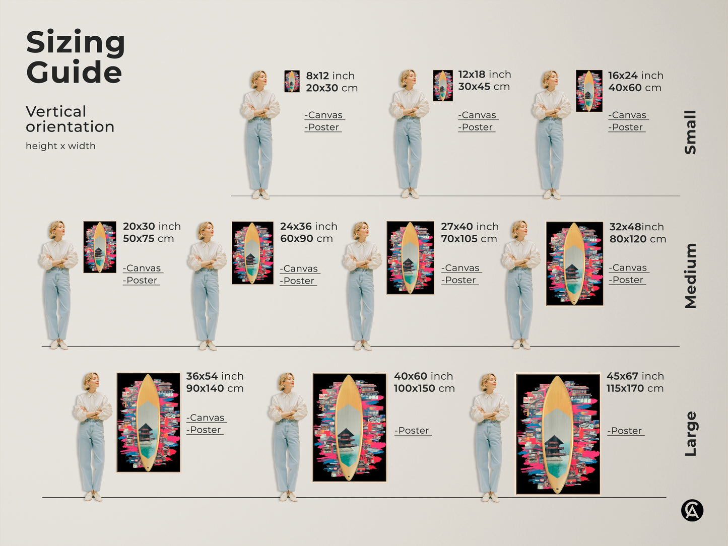 Sizing guide for vertical surfboard collage artwork. The artwork is available in small medium and large sizes. Select canvas or poster options. Ideal for creating an eclectic entryway or beach house wall. The vibrant teal blue and pink will brighten any space.