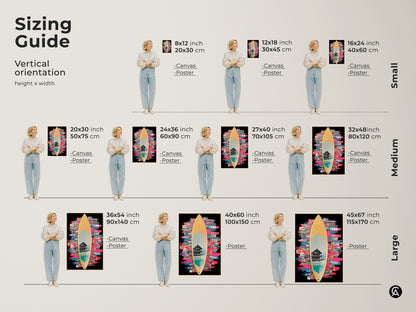 Sizing guide for vertical surfboard collage artwork. The artwork is available in small medium and large sizes. Select canvas or poster options. Ideal for creating an eclectic entryway or beach house wall. The vibrant teal blue and pink will brighten any space.