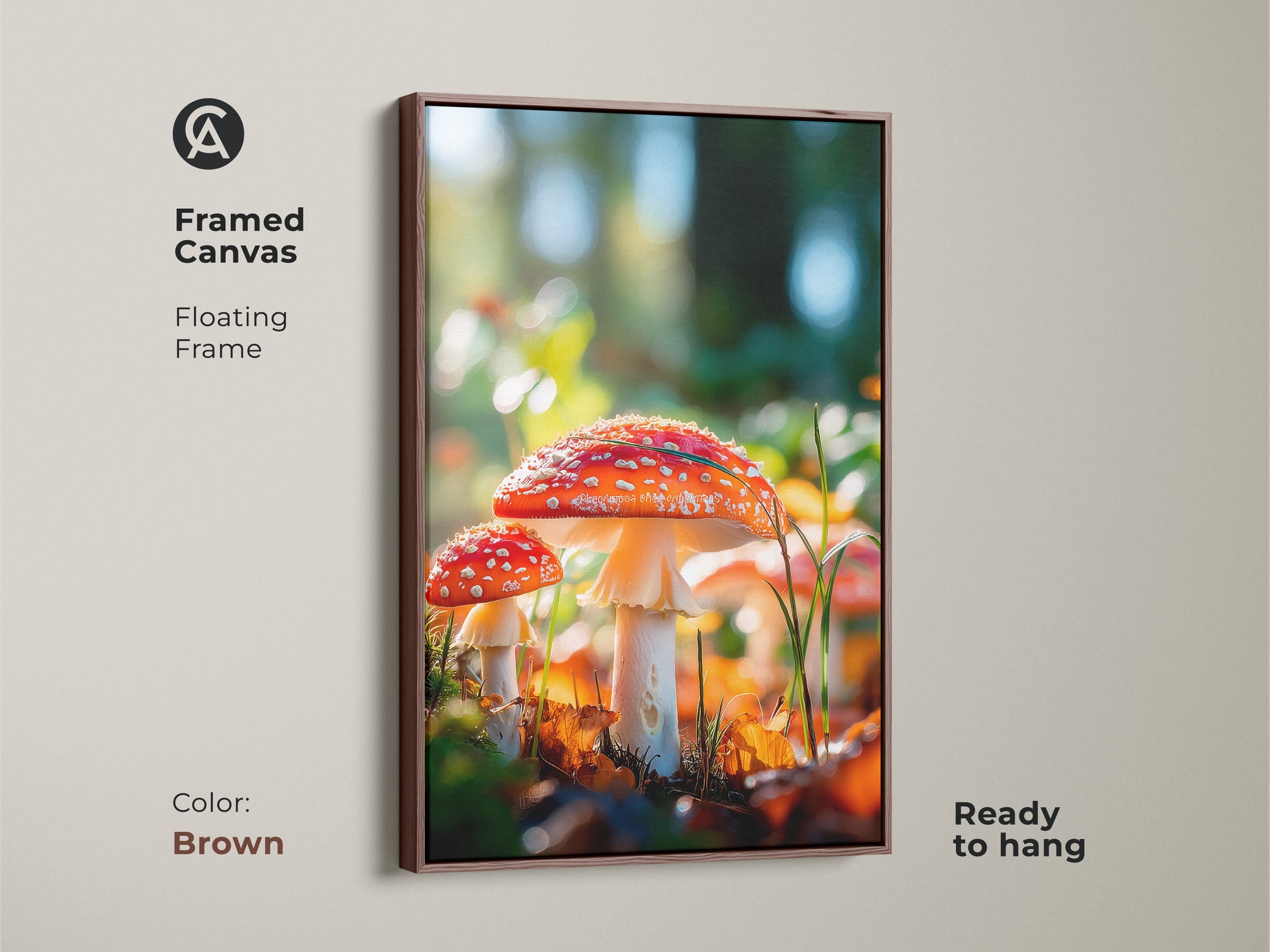 Framed mushroom canvas print in a brown frame. The floating frame gives the artwork depth. The art features two red capped mushrooms. This framed canvas is ready to hang in your home.