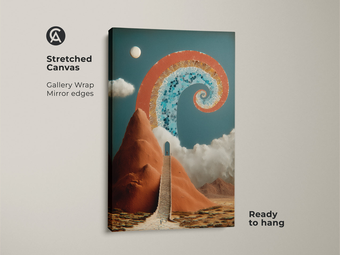 A Stretched Canvas print featuring a surreal stairway to an archway. The abstract spiral art combines terracotta and deep blue hues. Ready to hang this gallery-wrapped canvas adds a spiritual touch to any space. It's the perfect Eclectic office landscape canvas.