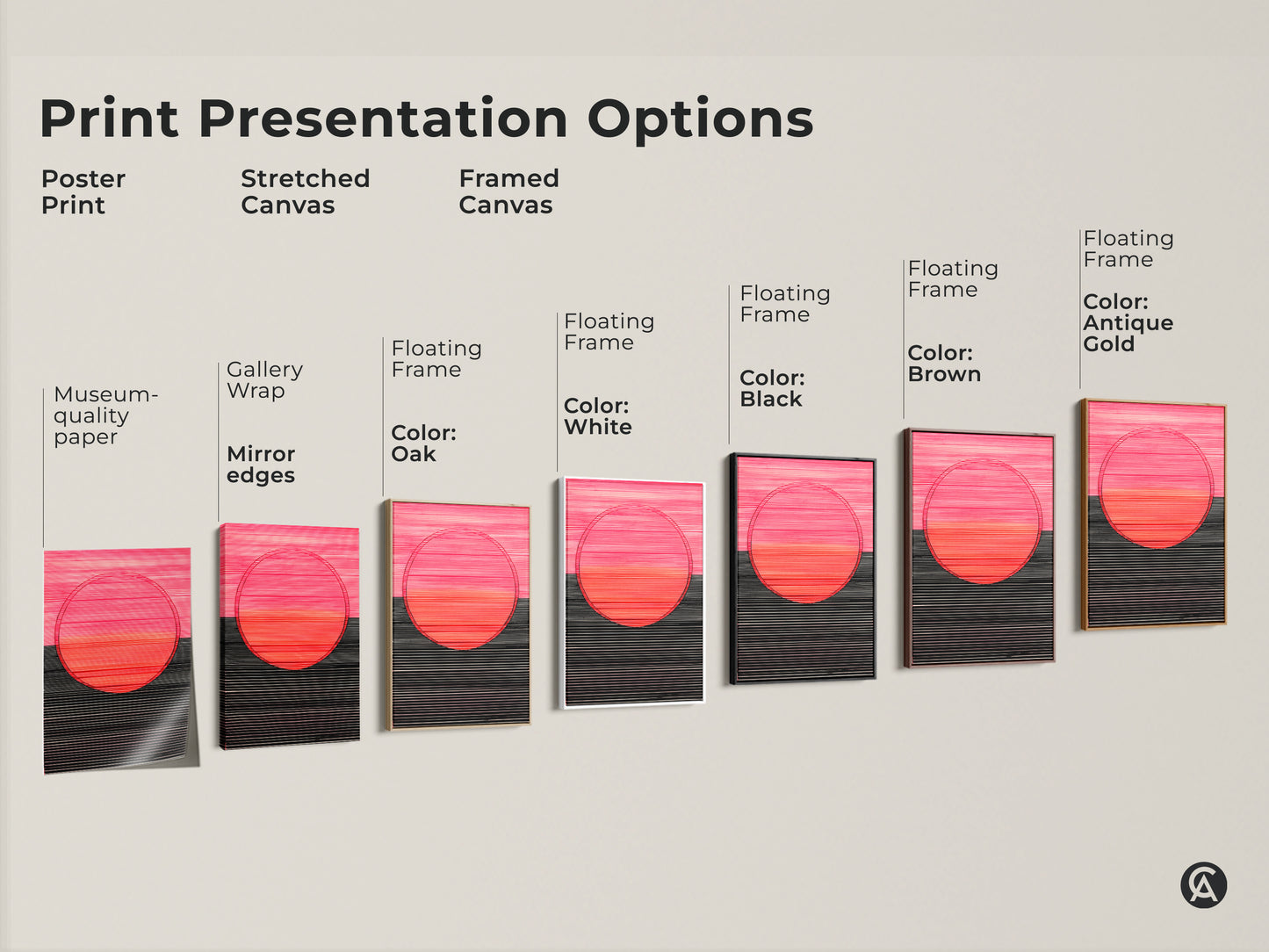 Print presentation options for the abstract canvas art are displayed. Choose from poster print stretched canvas or framed canvas. Finishes include black brown antique gold or white for home decor.