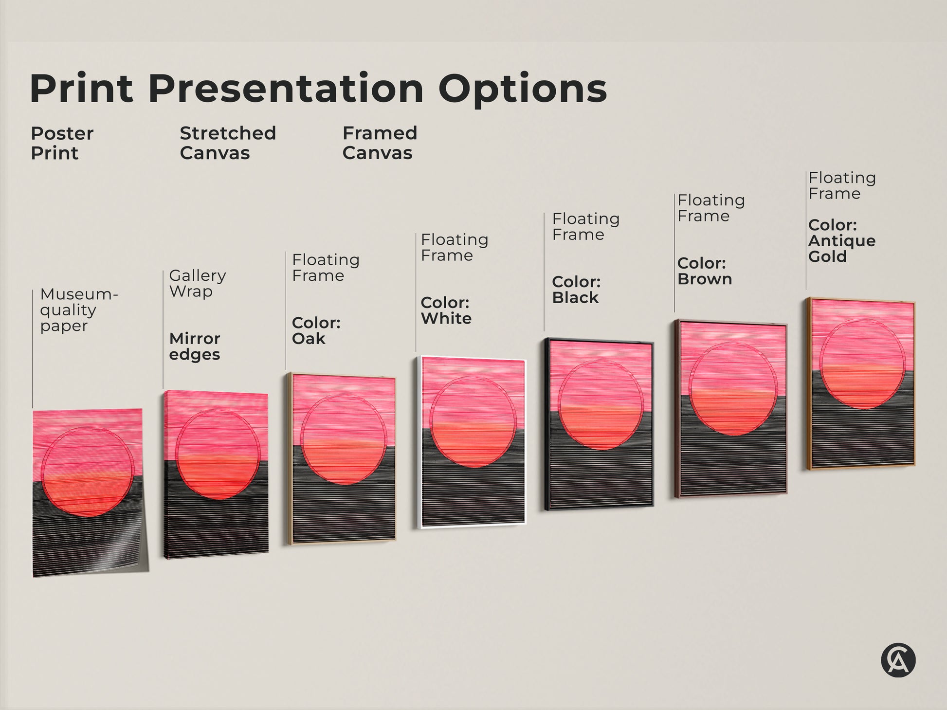 Print presentation options for the abstract canvas art are displayed. Choose from poster print stretched canvas or framed canvas. Finishes include black brown antique gold or white for home decor.