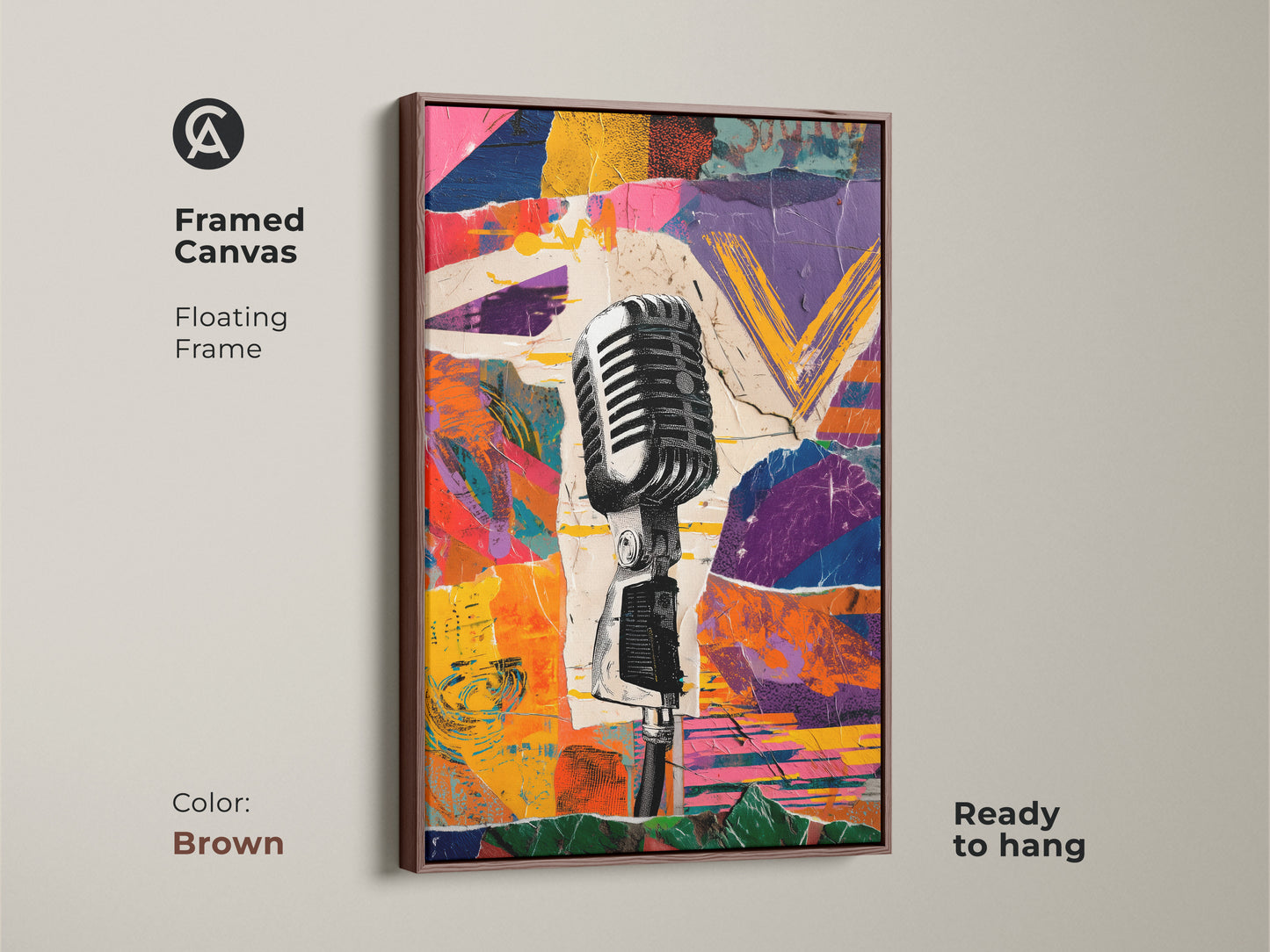 Framed Canvas with a floating frame of the Retro Microphone Collage. The brown frame complements the colorful abstract canvas. This abstract geometric music art is ready to hang in a creative space.