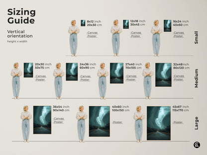 Discover the perfect size for your teal lightning storm canvas or poster print. This sizing guide helps you visualize the artwork in different dimensions. From small 8x12 inch prints to large 45x67 inch canvases there's a size for every space. Each piece captures a dramatic lightning strike over a road. Enhance your home or office decor today.