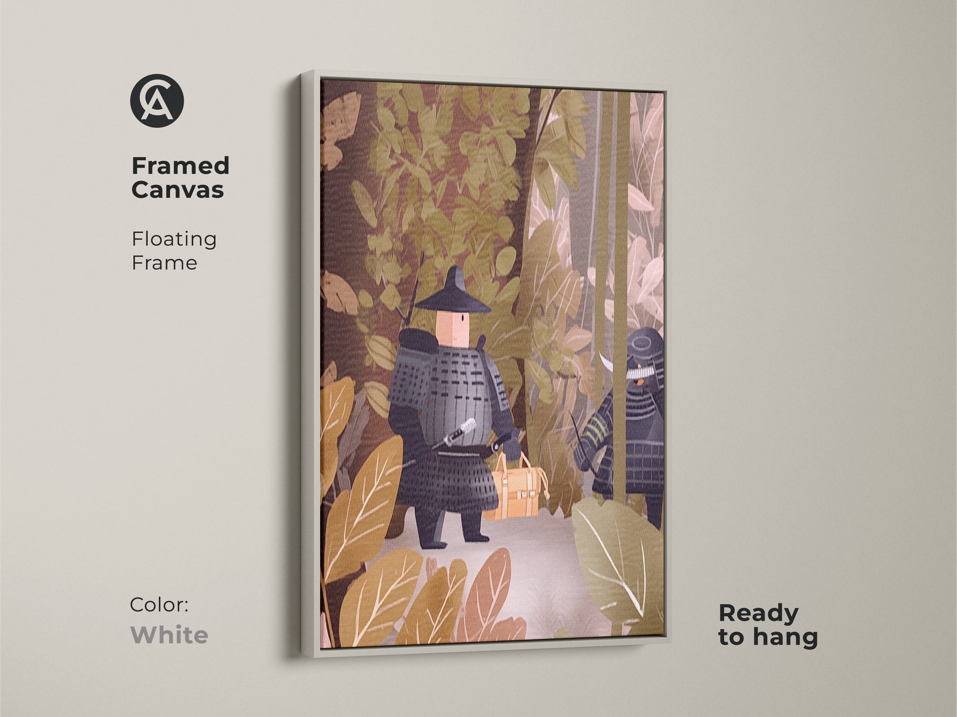 White framed canvas art with samurai warriors. This earthy brown and muted green palette is perfect for modern decor. It's a unique office wall art print that blends art and history. A stylish and thoughtful gift.