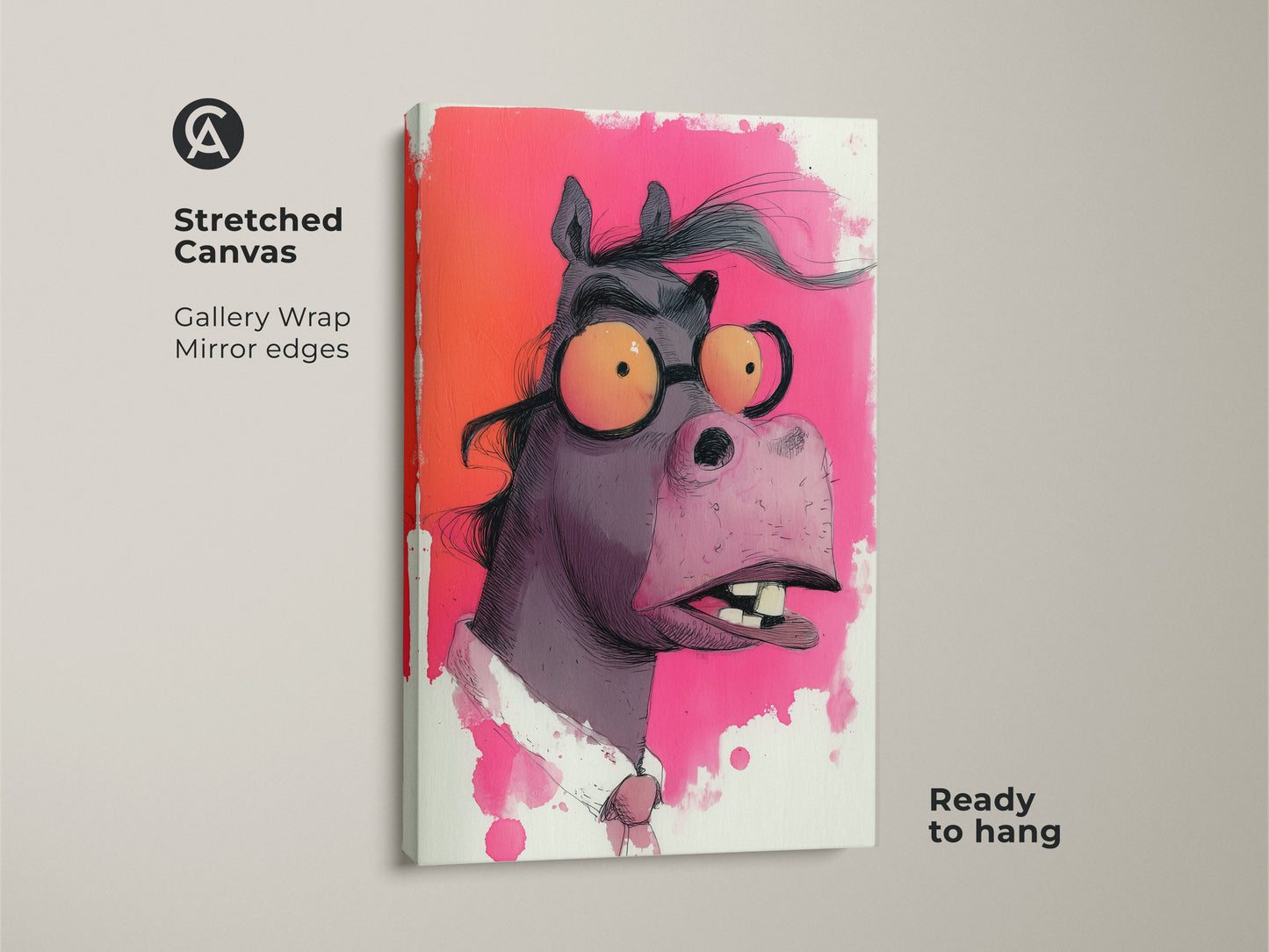 Stretched canvas print of a funny horse wearing glasses. The eclectic art piece features a vibrant fuchsia and orange background. Ready to hang this is ideal for office wall decor for horse lovers.