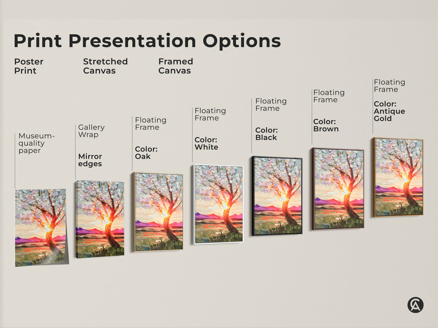Explore print presentation options with this impressionist tree artwork. Choose between a poster print stretched canvas or framed canvas with floating frames in black brown antique gold or white. Museum quality edges and vibrant colors make this art a perfect gift art print for nature lovers.