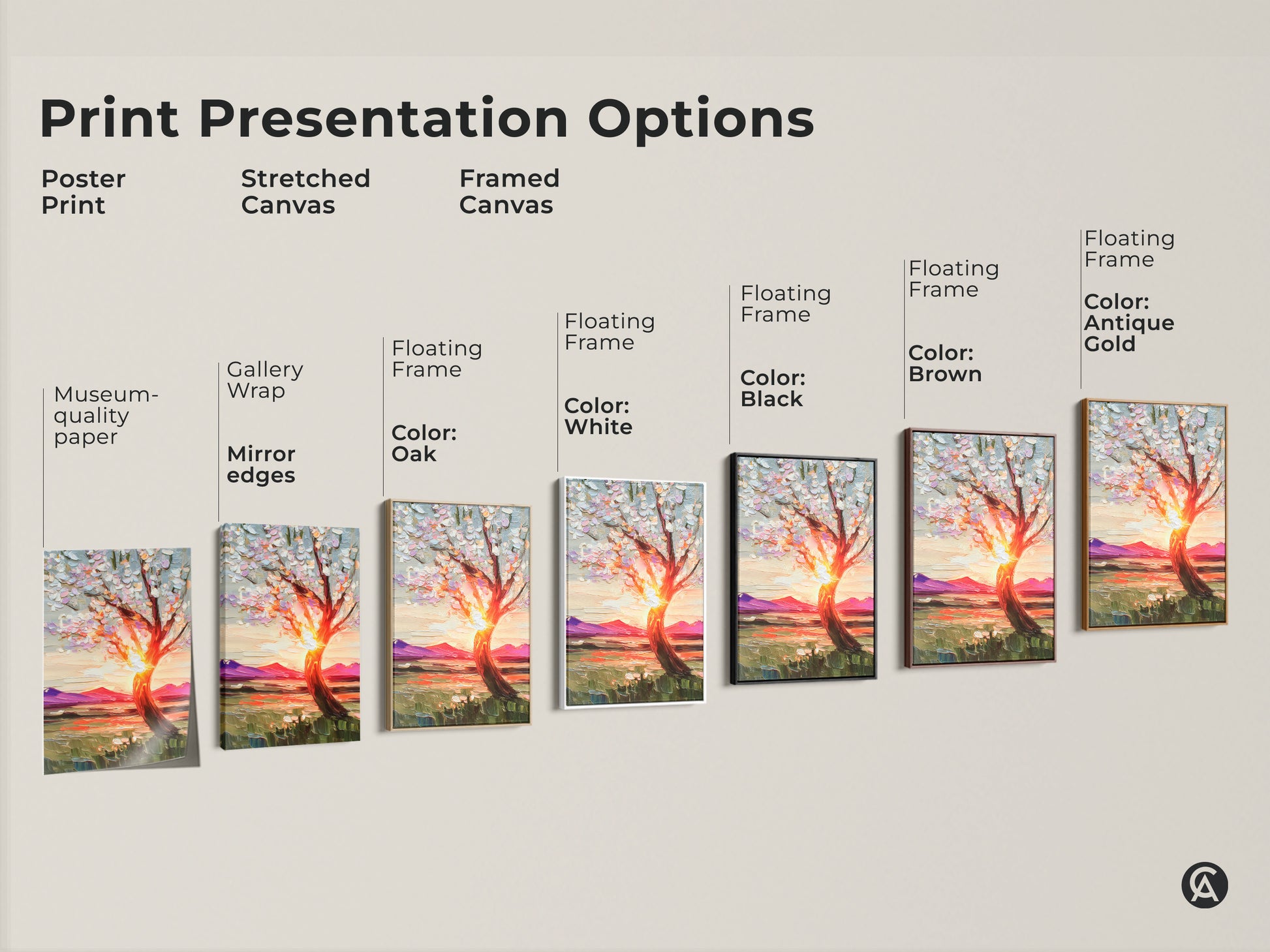 Explore print presentation options with this impressionist tree artwork. Choose between a poster print stretched canvas or framed canvas with floating frames in black brown antique gold or white. Museum quality edges and vibrant colors make this art a perfect gift art print for nature lovers.