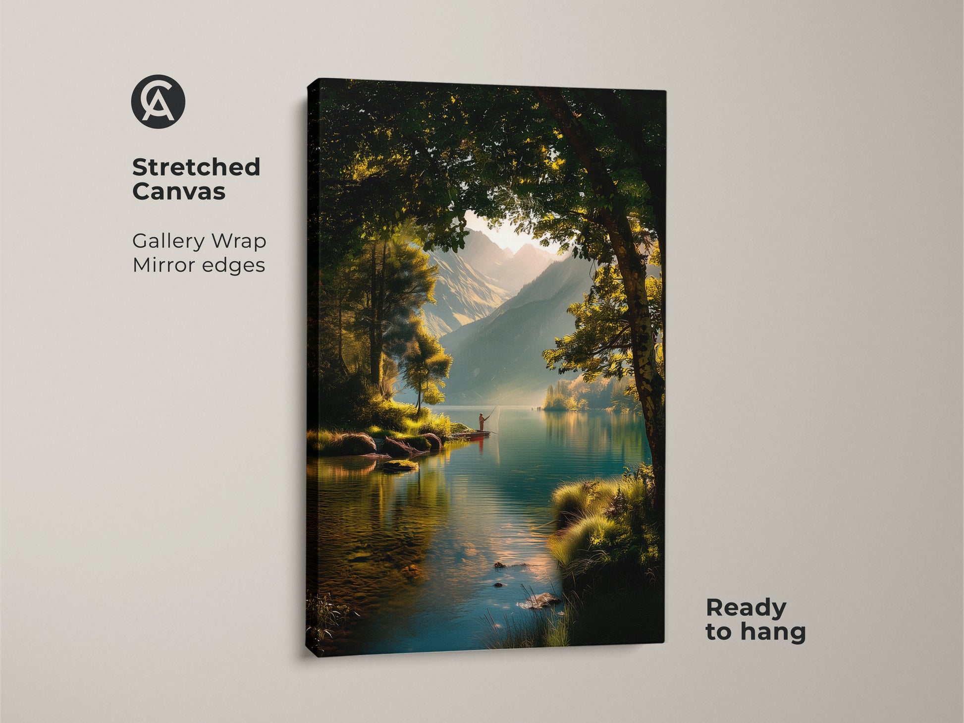 A gallery-wrapped stretched canvas displays a tranquil lake scene. A lone fisherman is on the water. The mirror edges enhance the landscape art. Ready to hang and admire this peaceful artwork.