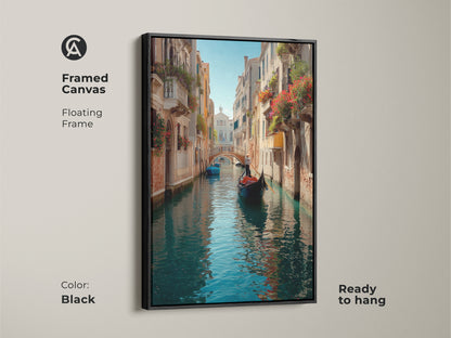 Framed canvas with a black floating frame showcasing Venice canal art. It has a gondola boat print in blue and teal colors. Ready to hang for easy wall decor. A romantic cityscape artwork.