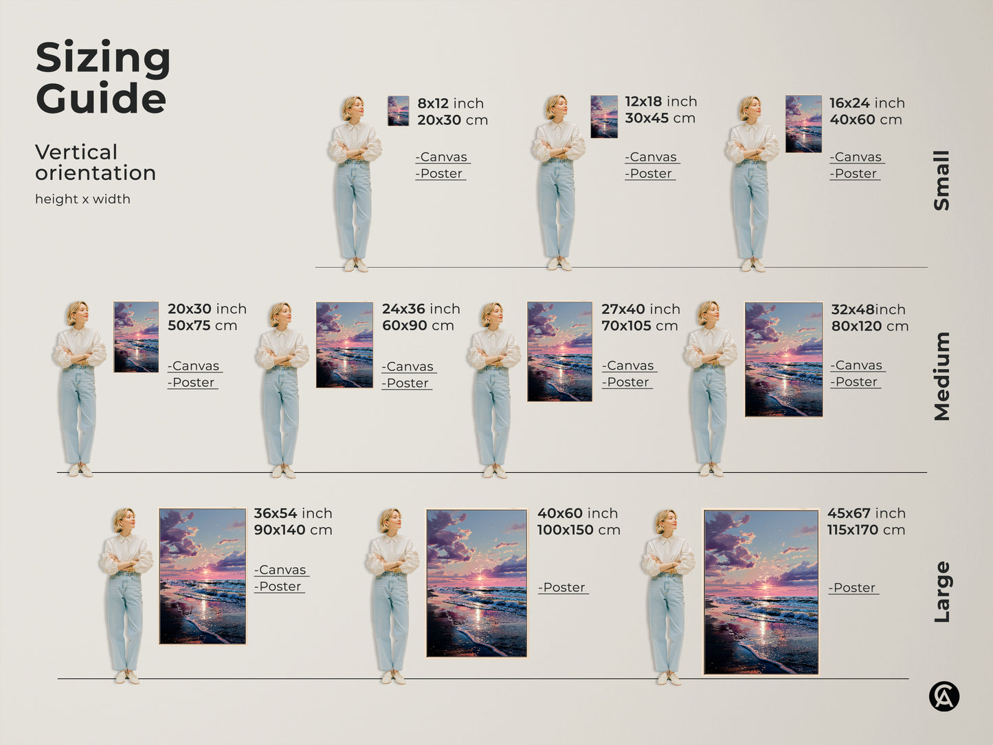 Sizing guide for vertical sunset beach art. Available in small medium and large sizes. Visualize the artwork in 8x12 to 45x67 inch dimensions. Find the ideal size to complement your space with stunning sunset artwork.