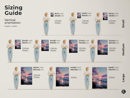 Sizing guide for vertical sunset beach art. Available in small medium and large sizes. Visualize the artwork in 8x12 to 45x67 inch dimensions. Find the ideal size to complement your space with stunning sunset artwork.