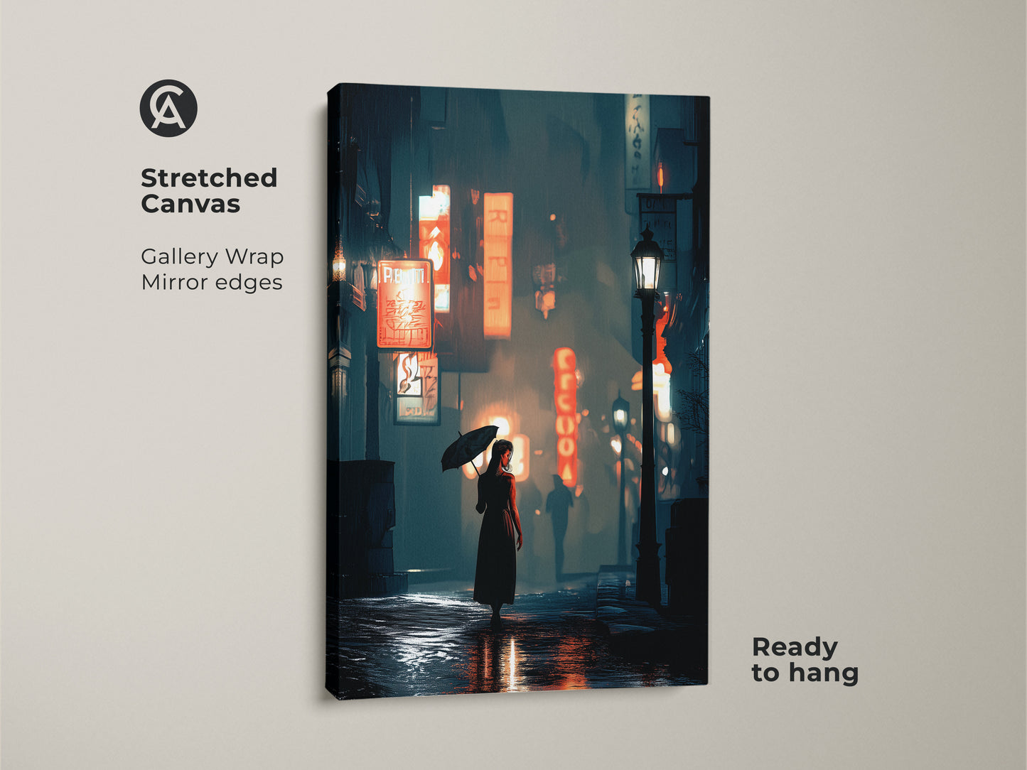 Stretched canvas art shows a woman with an umbrella in a neon city. The gallery wrap has mirror edges. This urban nightlife canvas print is ready to hang. The deep blue orange teal colors create a contemporary aesthetic. Ideal for modern wall decor.