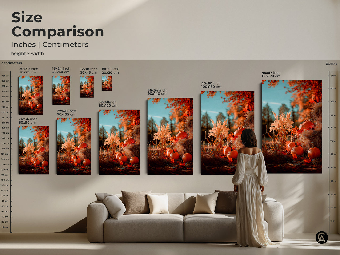 Compare sizes of this beautiful wall art. This autumn artwork features pumpkins and fall foliage. Visualize the impact of different dimensions in your living space. Find the ideal size to enhance your home decor with seasonal charm.