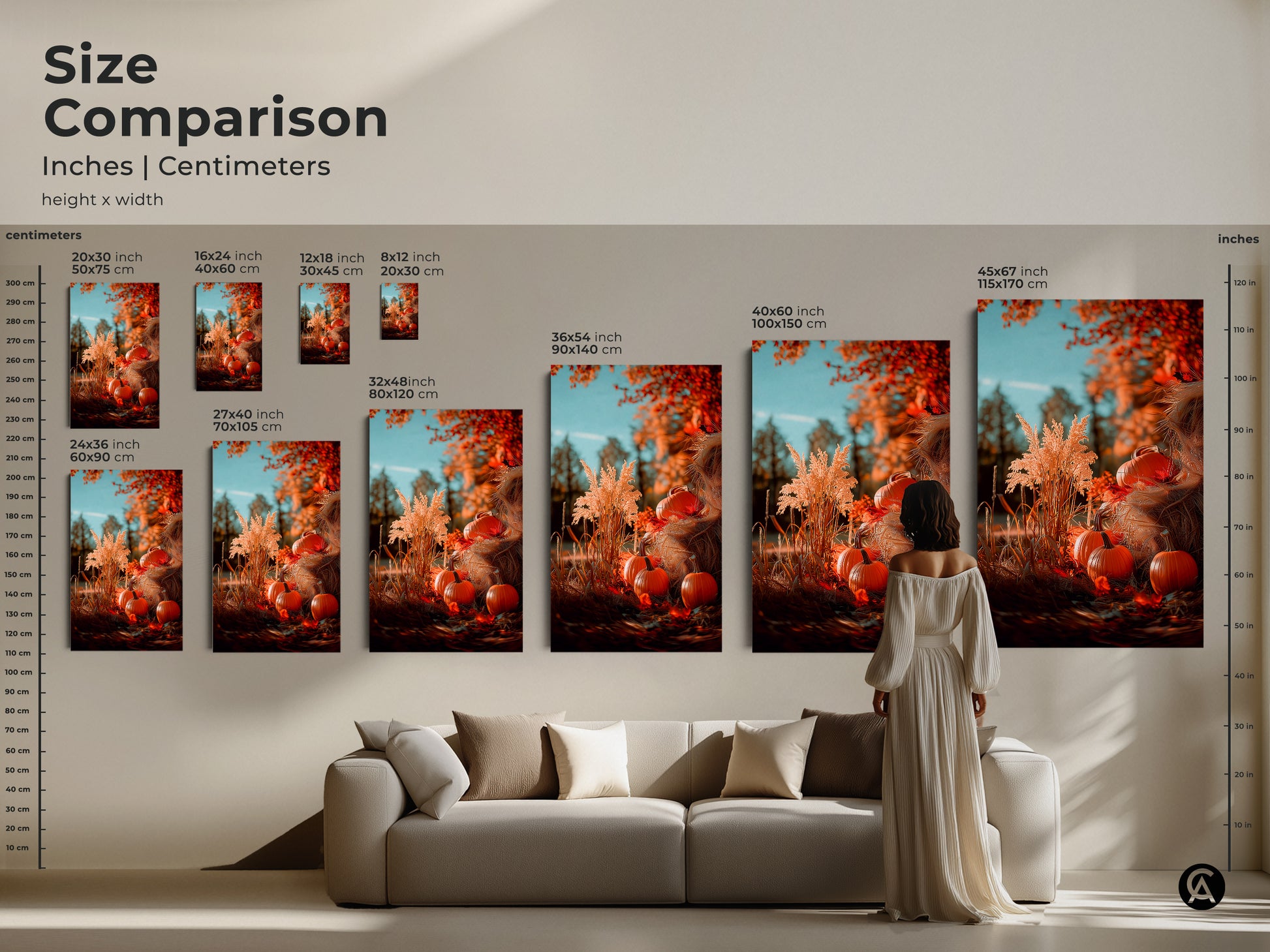 Compare sizes of this beautiful wall art. This autumn artwork features pumpkins and fall foliage. Visualize the impact of different dimensions in your living space. Find the ideal size to enhance your home decor with seasonal charm.
