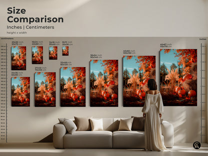 Compare sizes of this beautiful wall art. This autumn artwork features pumpkins and fall foliage. Visualize the impact of different dimensions in your living space. Find the ideal size to enhance your home decor with seasonal charm.