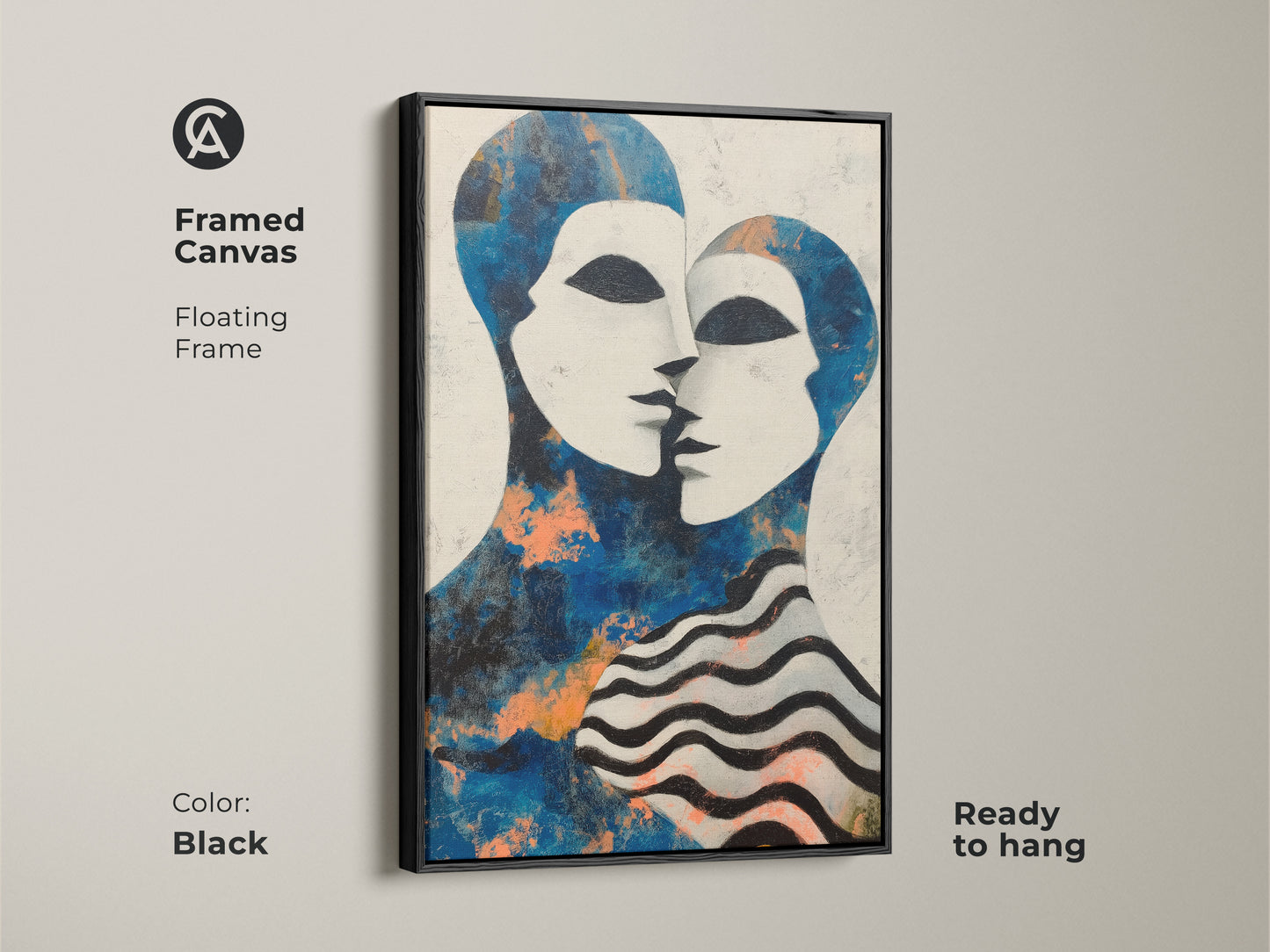 Close-up of the Black floating frame around the canvas. The abstract couple painting is a modern artwork. The unique style of the blue and white figurative faces is a highlight. It's an excellent choice for contemporary couple gift ideas.