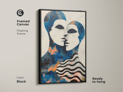 Close-up of the Black floating frame around the canvas. The abstract couple painting is a modern artwork. The unique style of the blue and white figurative faces is a highlight. It's an excellent choice for contemporary couple gift ideas.