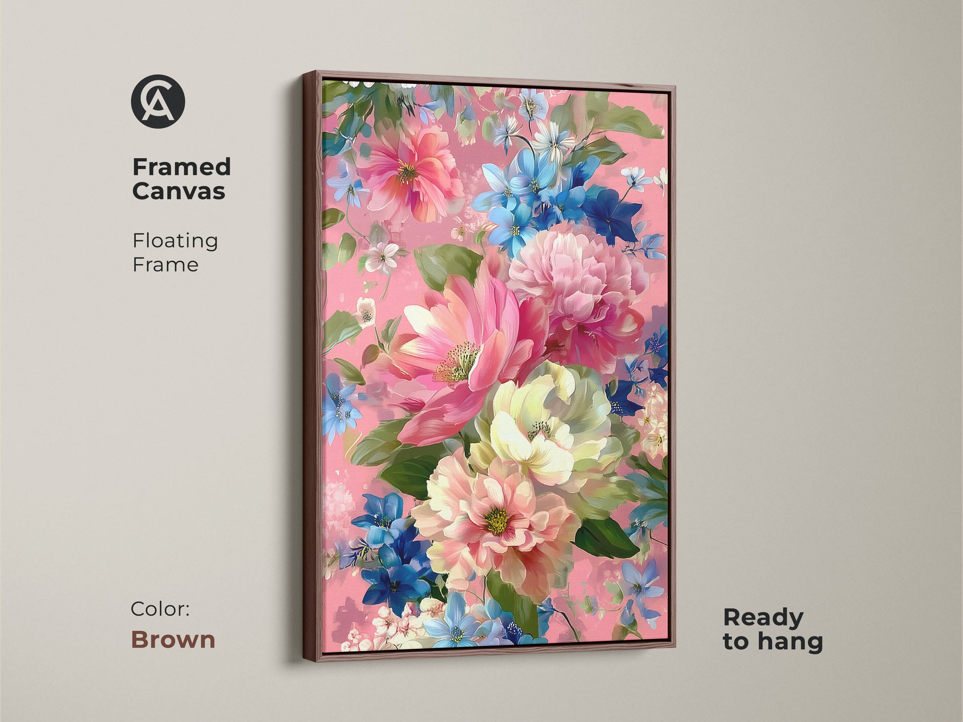 Brown framed canvas featuring romantic pink peony and blue daisy botanical artwork. Boho floral art in an impressionistic style is ready to hang. Enhances bedroom or living room wall decor. The floating frame complements the floral art print.