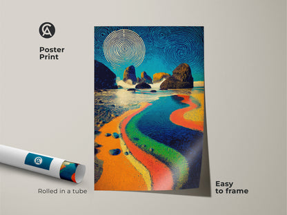 This poster print features abstract ocean artwork. The rolled print shows deep blue orange and teal coastal decor. Easy to frame this modern abstract painting brings an eclectic style to your walls. Its swirling sky and ocean waves offer a vibrant touch to your space.