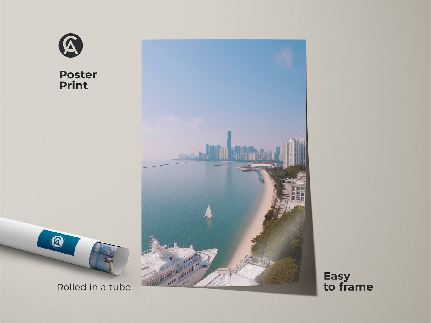 This poster print shows a coastal cityscape with a yacht and sailboat. The ocean view art print features modern aqua blue artwork. Rolled in a tube it is easy to frame. It is a contemporary cityscape print perfect for travel lovers. The coastal scene offers nautical themed wall decor for any space.