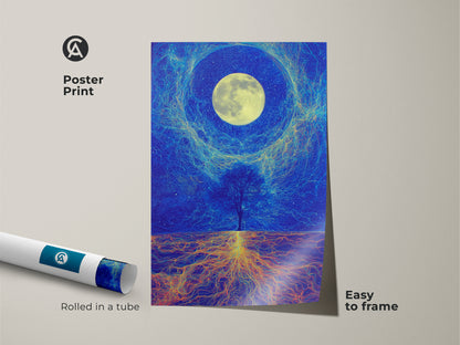 Poster print version of the celestial tree of life art. The surreal moon landscape artwork has yellow roots and a deep blue cosmic background. This fantasy print is easy to frame. It’s an ideal gift for those who love cosmic nature wall art.